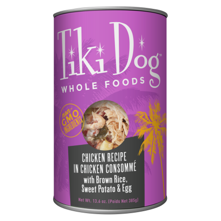 Tiki Dog Whole Foods Chicken in Chicken Consommé with Brown Rice Dog Wet Food, 385g - تيكي — للكلاب طعام رطب بنكهة الدجاج، 385 جم