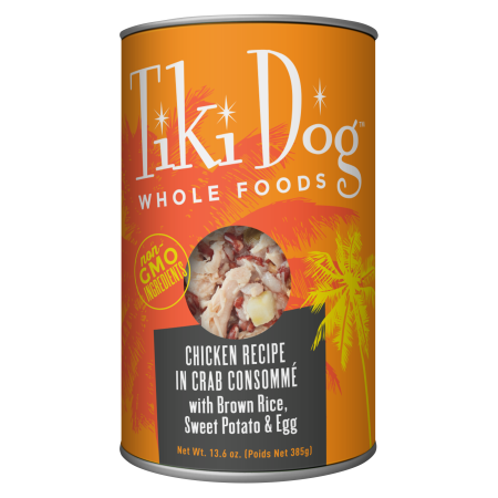 Tiki Dog Whole Foods Chicken in Crab Consommé with Brown Rice, Sweet Potato & Egg Dog Wet Food, 385g - تيكي — للكلاب طعام رطب بنكهة الدجاج، 385 جم