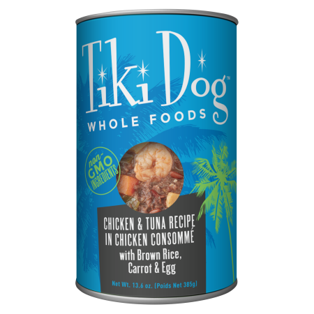 Tiki Dog Whole Foods Chicken & Tuna in Chicken Consommé with Brown Rice, Carrot, and Egg Dog Wet Food, 385g - تيكي — للكلاب طعام رطب بنكهة الدجاج، 385 جم
