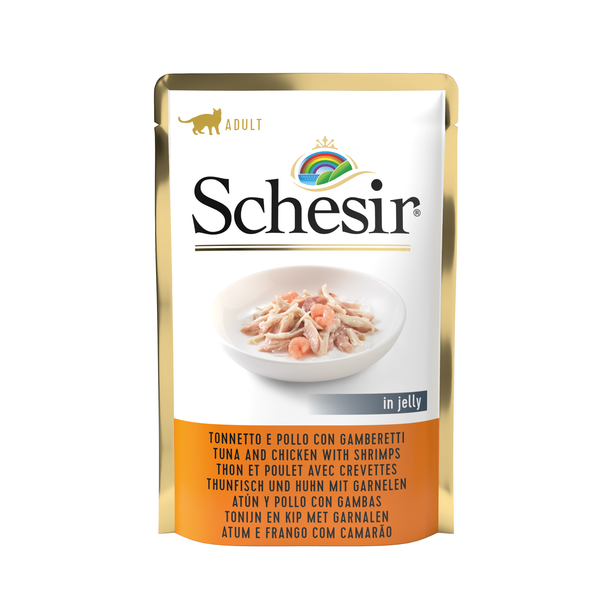 Schesir Tuna and Chicken with Shrimp Pouch Wet Cat Food, 85g - شيسير تونا اند — للقطط طعام رطب بنكهة الدجاج، 85 جم