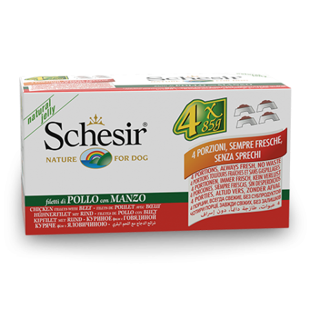 Schesir Multipack Chicken with Beef Wet Dog Food, Pack of 4 x 85g - شيسير مولتيباك تشيكين — للكلاب طعام رطب بنكهة الدجاج، عدد 4 × 85 جم، 85 جم
