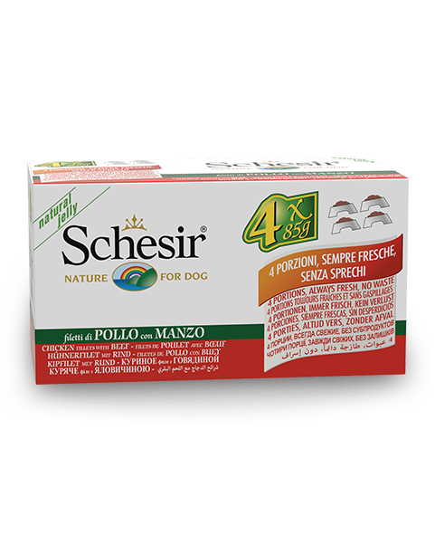 Schesir Multipack Chicken with Beef Wet Dog Food, Pack of 4 x 85g - شيسير مولتيباك تشيكين — للكلاب طعام رطب بنكهة الدجاج، عدد 4 × 85 جم، 85 جم