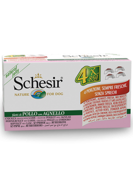 Schesir Multipack Chicken with Lamb Wet Dog Food, Pack of 4 x 85g - شيسير مولتيباك تشيكين — للكلاب طعام رطب بنكهة الدجاج، عدد 4 × 85 جم، 85 جم