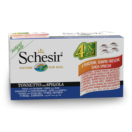 Schesir Multipack Tuna with Seabass Wet Dog Food, Pack of 4 x 85g - شيسير مولتيباك تونا — للكلاب طعام رطب بنكهة التونة، عدد 4 × 85 جم، 85 جم