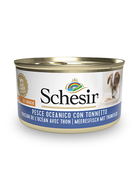 Schesir Tuna with Ocean Fish Wet Dog Food, 85g - شيسير تونا ويث — للكلاب طعام رطب بنكهة التونة، 85 جم