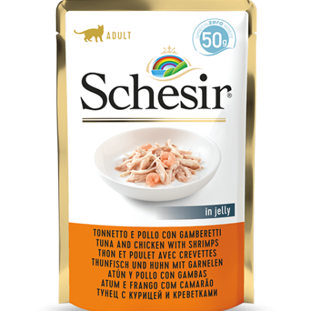 Schesir Tuna and Chicken with Shrimp Wet Cat Food, 50g - شيسير تونا اند — للقطط طعام رطب بنكهة الدجاج، 50 جم
