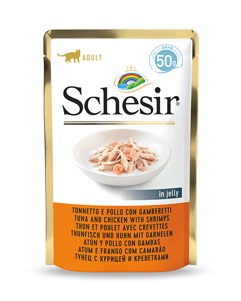 Schesir Tuna and Chicken with Shrimp Wet Cat Food, 50g - شيسير تونا اند — للقطط طعام رطب بنكهة الدجاج، 50 جم