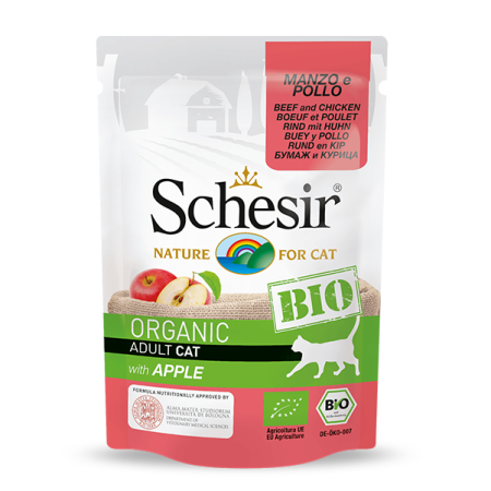 Schesir Organic Beef and Chicken with Apple Wet Cat Food, 85g - شيسير أورجانيك بيف — للقطط طعام رطب بنكهة الدجاج، 85 جم