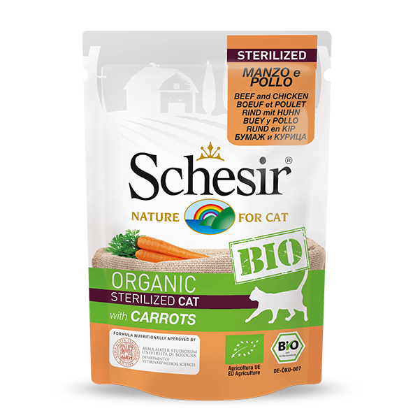 Schesir Organic STERILIZED Beef and Chicken with Carrots Wet Cat Food, 85g - شيسير أورجانيك ستيريليزيد — للقطط طعام رطب بنكهة الدجاج، 85 جم