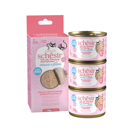 Schesir Baby Mousse & Fillets For Baby Cats Above 1+ Month, 3 Cans - شيسير بابي موسسي — للقطط طعام رطب