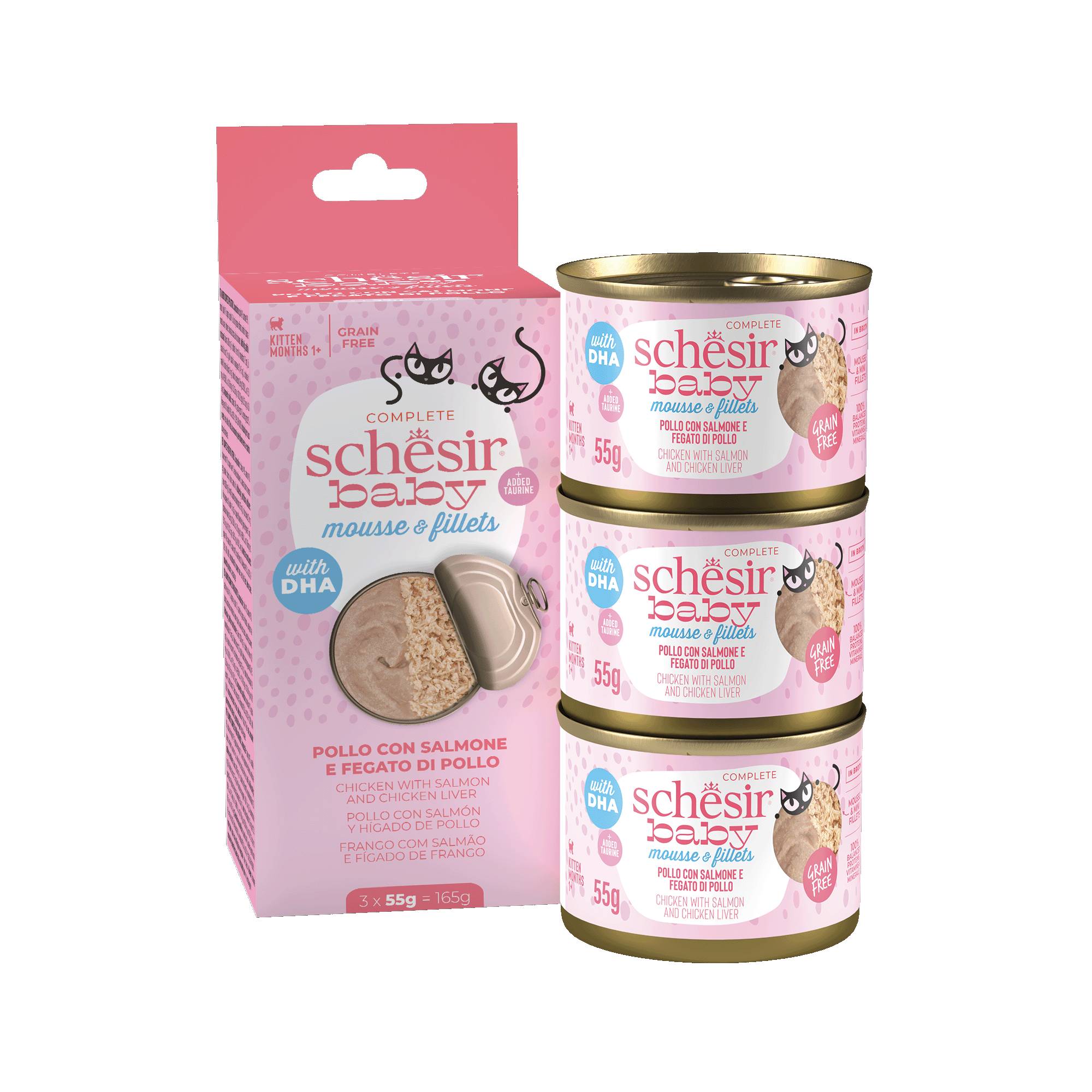 Schesir Baby Mousse & Fillets For Baby Cats Above 1+ Month, 3 Cans - شيسير بابي موسسي — للقطط طعام رطب