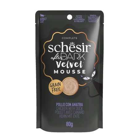 Schesir After Dark Velvet Mousse Chicken & Duck Wet Cat Food, 80g - شيسير أفتير دارك — للقطط طعام رطب بنكهة الدجاج، 80 جم