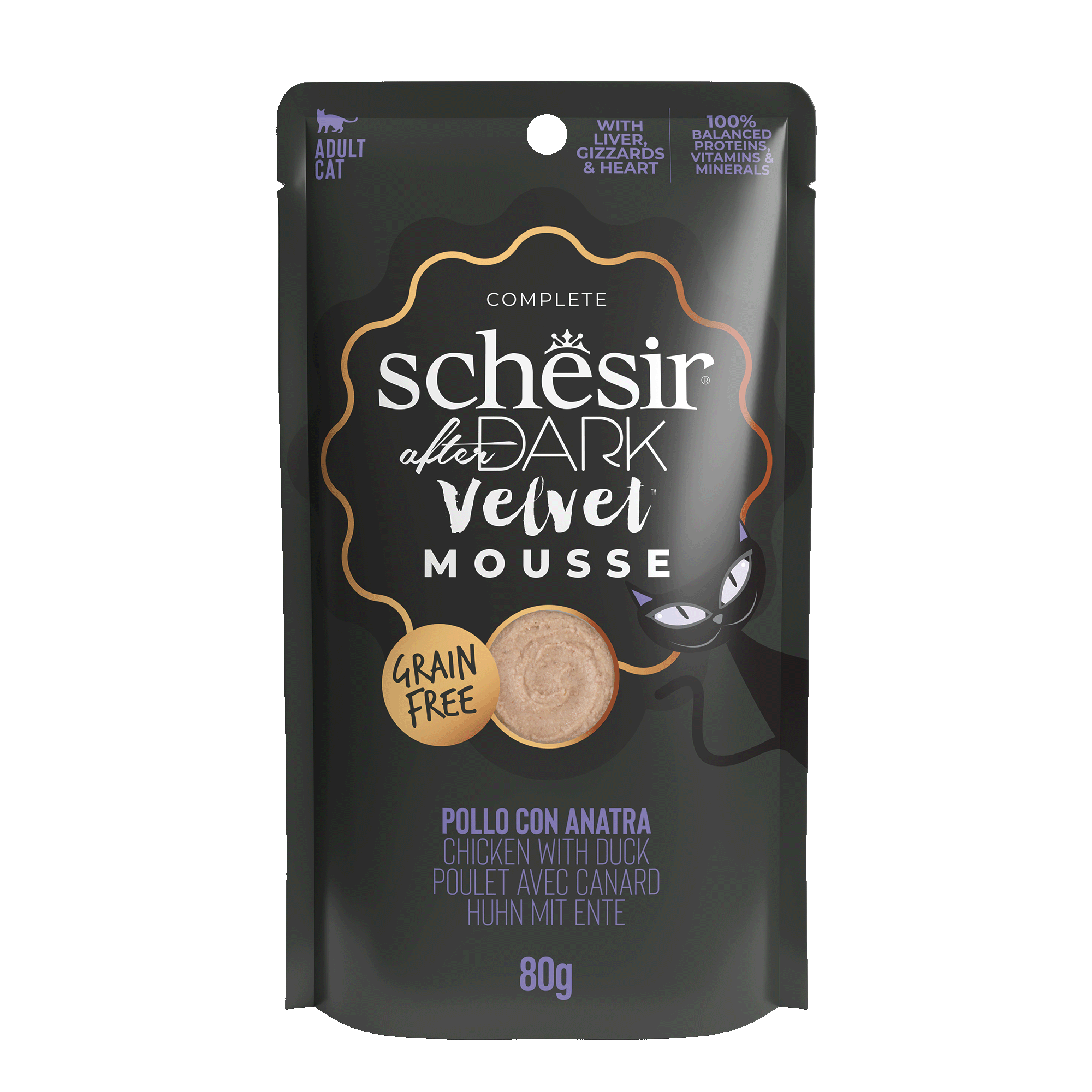 Schesir After Dark Velvet Mousse Chicken & Duck Wet Cat Food, 80g - شيسير أفتير دارك — للقطط طعام رطب بنكهة الدجاج، 80 جم
