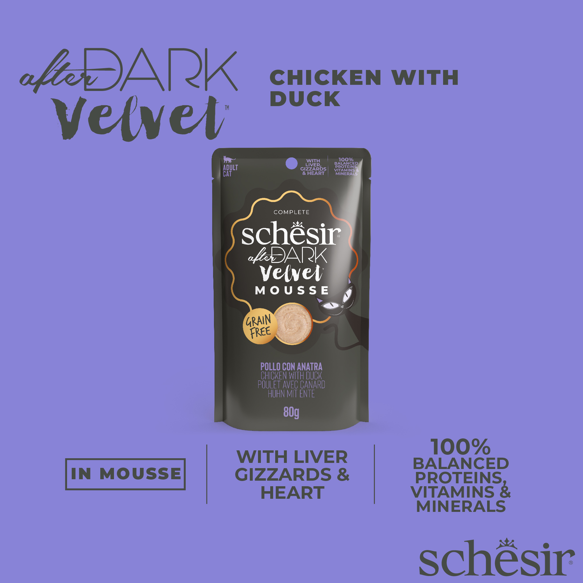Schesir After Dark Velvet Mousse Chicken & Duck Wet Cat Food, 80g - شيسير أفتير دارك — للقطط طعام رطب بنكهة الدجاج، 80 جم - Image 4