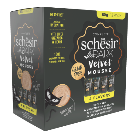 Schesir After Dark Velvet Mousse Variety Pack Wet Cat Food, Pack of 12 x 80g - شيسير أفتير دارك — للقطط طعام رطب، عدد 12 × 80 جم، 80 جم