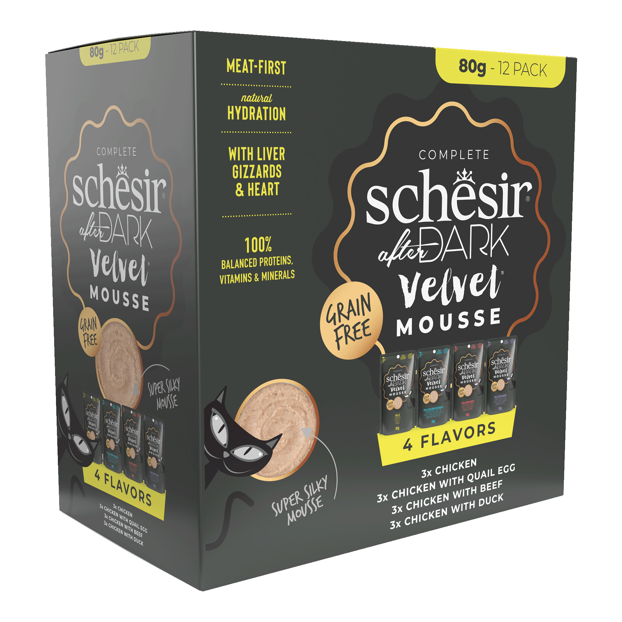 Schesir After Dark Velvet Mousse Variety Pack Wet Cat Food, Pack of 12 x 80g - شيسير أفتير دارك — للقطط طعام رطب، عدد 12 × 80 جم، 80 جم