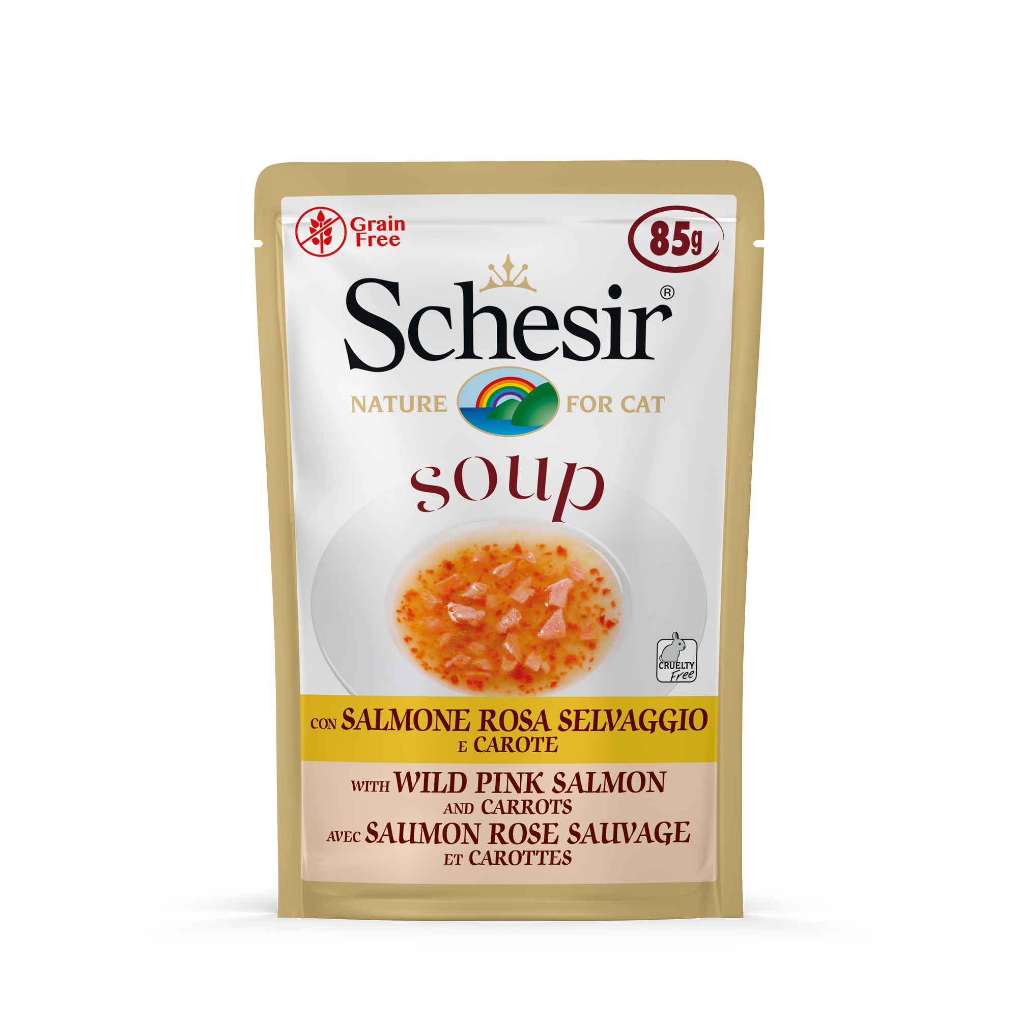 Schesir Soup Wild Pink Salmon & Carrots Wet Cat Food, 85g - شيسير سوب ويلد — للقطط طعام رطب بنكهة السلمون، 85 جم