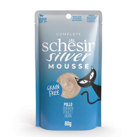 Schesir Silver Chicken Mousse For Senior Cats Wet Cat Food, 80g - شيسير سيلفير تشيكين — للقطط طعام رطب بنكهة الدجاج الكبيرة، 80 جم