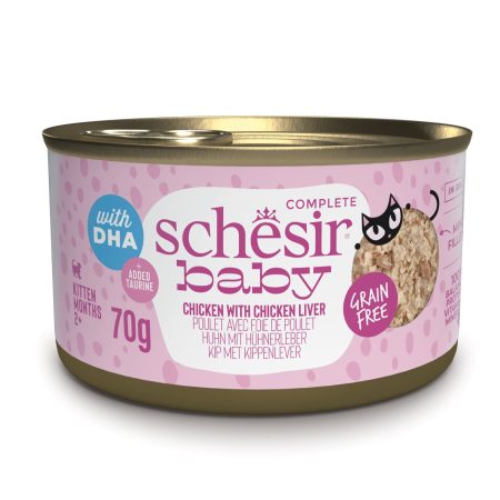 Schesir Baby Chicken with Chicken Liver in Broth 8+ Weeks Wet Kitten Food, 70g - شيسير بابي تشيكين — للقطط طعام رطب بنكهة الدجاج القطط الصغيرة، 70 جم