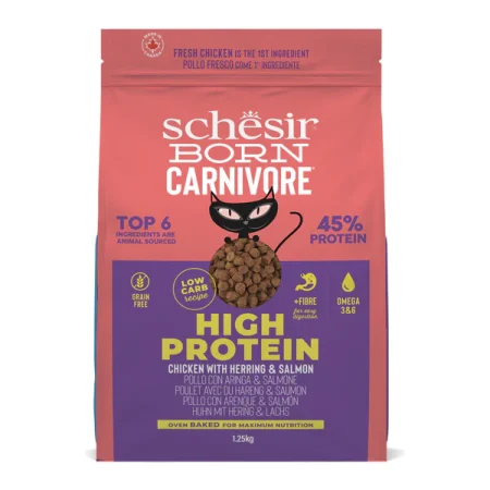 Schesir Born Carnivore Chicken with Herring & Salmon Oven BAKED Dry Cat Food, 1.25kg - شيسير بورن كارنيفوري — للقطط طعام جاف بنكهة الدجاج، 1.25 كجم