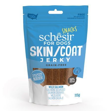 Schesir Snacks, Skin & Coat Wild Salmon Jerky Dog Treat, 115g - شيسير سناكس — للكلاب مكافآت بنكهة السلمون، 115 جم