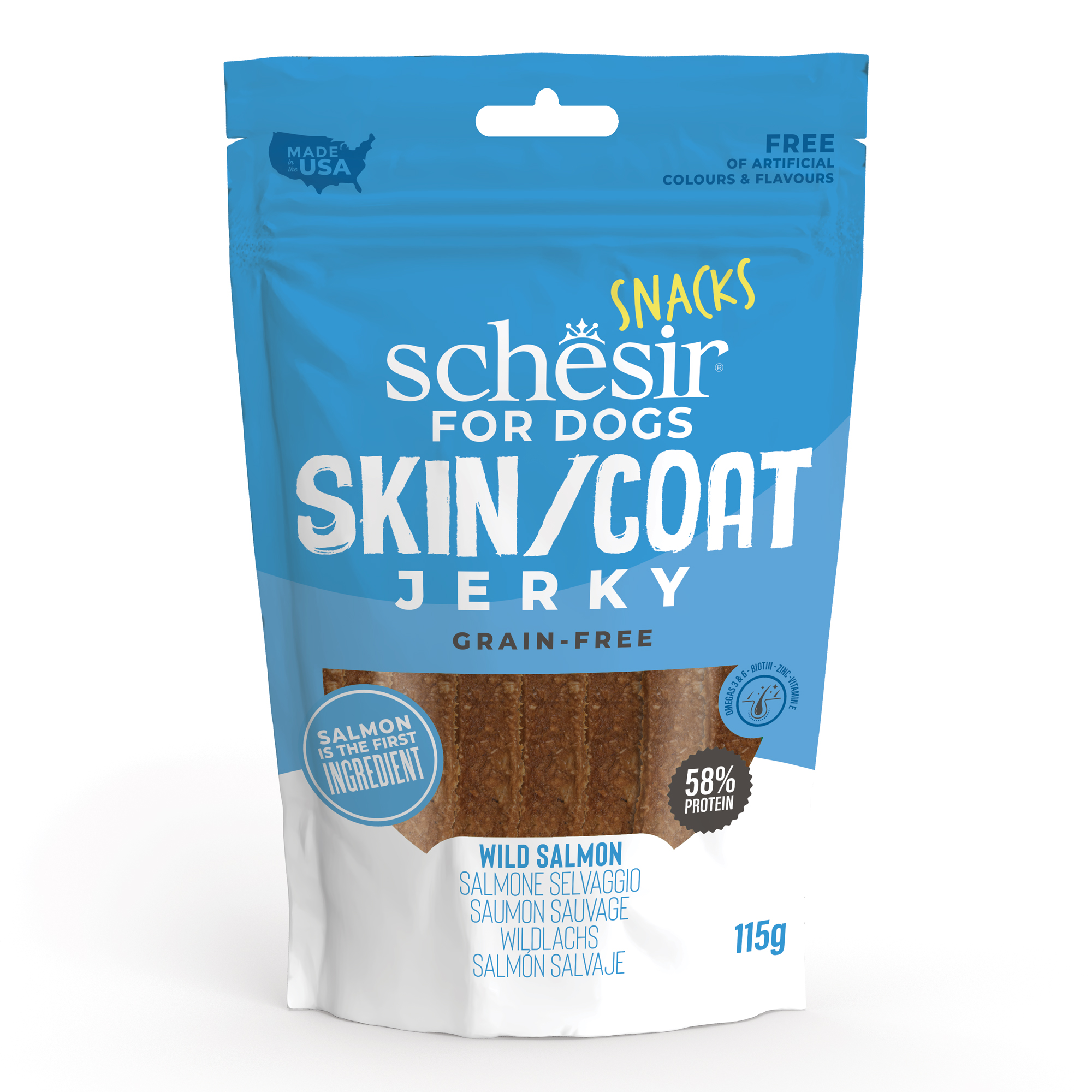 Schesir Snacks, Skin & Coat Wild Salmon Jerky Dog Treat, 115g - شيسير سناكس — للكلاب مكافآت بنكهة السلمون، 115 جم