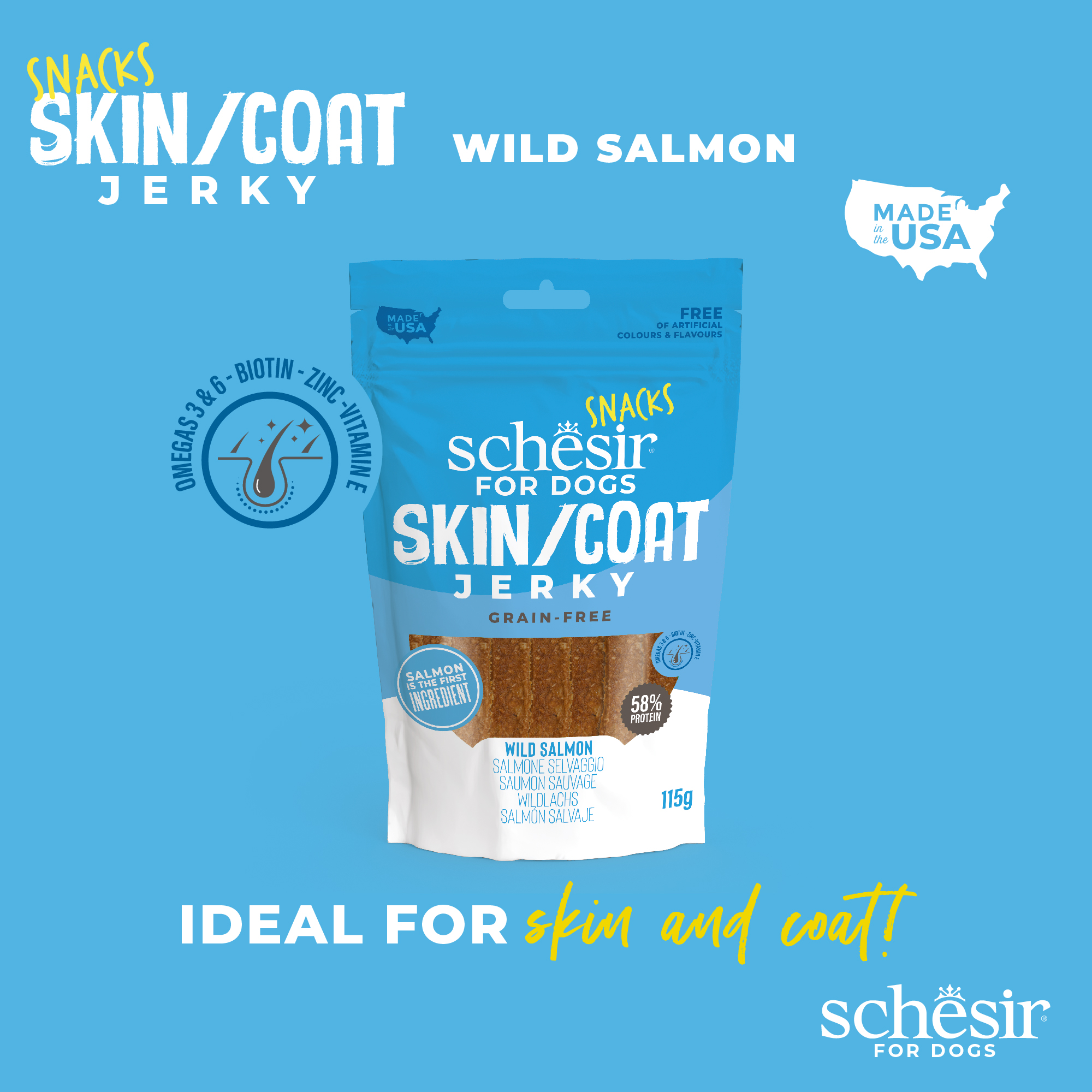 Schesir Snacks, Skin & Coat Wild Salmon Jerky Dog Treat, 115g - شيسير سناكس — للكلاب مكافآت بنكهة السلمون، 115 جم - Image 3