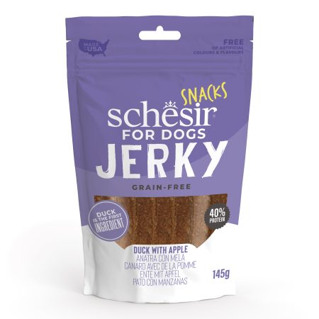 Schesir Snacks, Duck with Apple Jerky Dog Treat, 145g - شيسير سناكس — للكلاب مكافآت بنكهة البط، 145 جم
