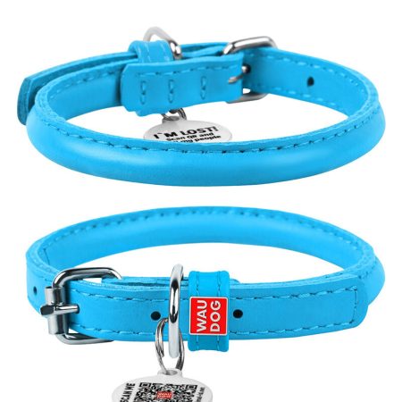 Waudog Glamour Leather Cat Collar with QR Tag, Blue, 22 to 30 cm - أواودوج جلامور لياثير — للقطط للكلاب
