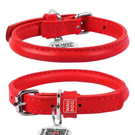 Waudog Glamour Leather Cat Collar with QR Tag, Red, 22 to 30 cm - أواودوج جلامور لياثير — للقطط للكلاب