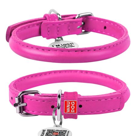 Waudog Glamour Leather Cat Collar with QR Tag, Pink, 22 to 30 cm - أواودوج جلامور لياثير — للقطط للكلاب