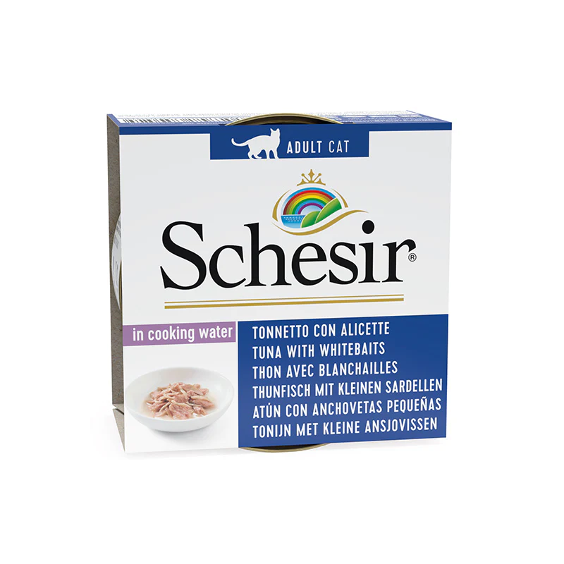 Schesir Tuna with Whitebait in Cooking Water Wet Cat Food, 85g - شيسير تونا ويث — للقطط طعام رطب بنكهة التونة، 85 جم