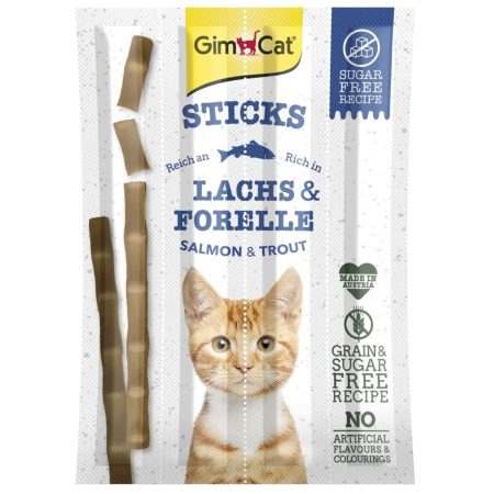 GimCat Sticks Salmon and Trout 4 Pieces, 20g - جيمكات ستيكس سالمون — للقطط بنكهة السلمون، 20 جم