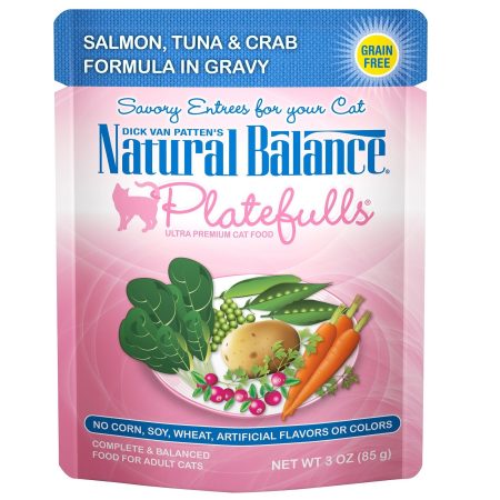 Natural Balance Platefulls Salmon, Tuna & Crab Formula in Gravy Wet Cat Food, 85 g - ناتورال بالانكي بلاتيفوللس — للقطط طعام رطب بنكهة السلمون، 85 جم