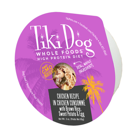 Tiki Dog Whole Foods Chicken in Chicken Consommé, Brown Rice, Sweet Potato, & Egg Wet Dog Food, 85g - تيكي — للكلاب طعام رطب بنكهة الدجاج، 85 جم