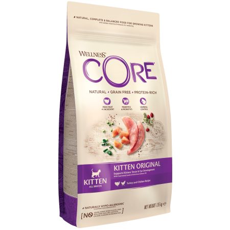 Wellness CORE Grain Free Turkey and Chicken Recipe Dry Kitten Food, 1.75 kg - أويللنيسس كوري جراين — للقطط طعام جاف بنكهة الدجاج خالٍ من الحبوب القطط الصغيرة، 1.75 كجم