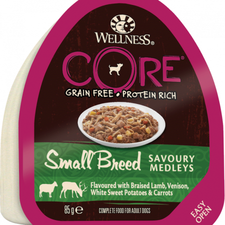 Wellness CORE Savoury Medleys Small Breed Lamb, Venison, White Sweet Potatoes & Carrots Wet Dog Food, 85 g - أويللنيسس كوري سافوري — للكلاب طعام رطب بنكهة لحم الضأن، 85 جم