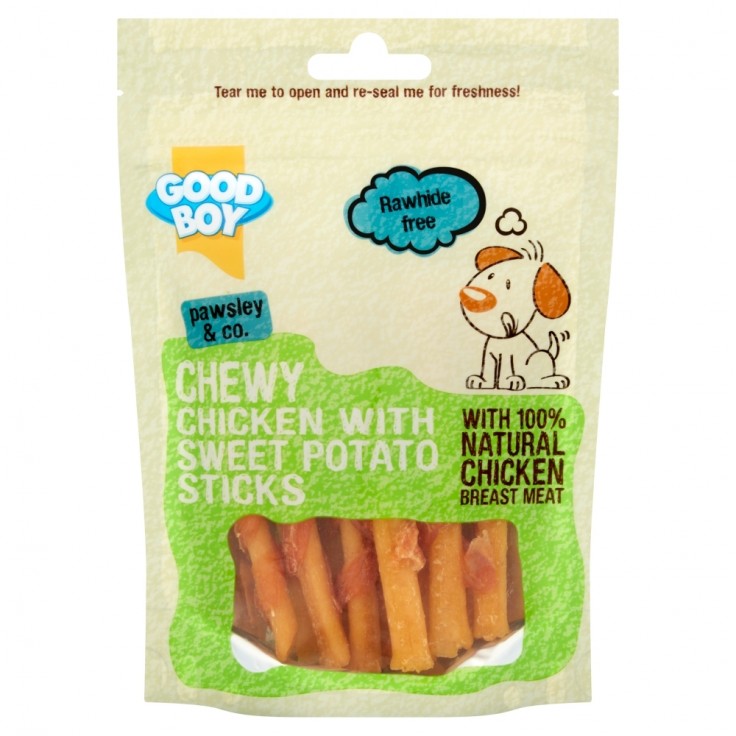 Good Boy Chewy Chicken with Sweet Potato Sticks Dog Treat, 90g - جود بوي تشيوي — للكلاب مكافآت بنكهة الدجاج، 90 جم