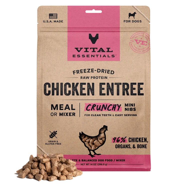 Vital Essentials Chicken Crunchy Mini Nibs Dry Dog Food, 5.5 oz - فيتال يسسينتيالس تشيكين — للكلاب طعام جاف بنكهة الدجاج