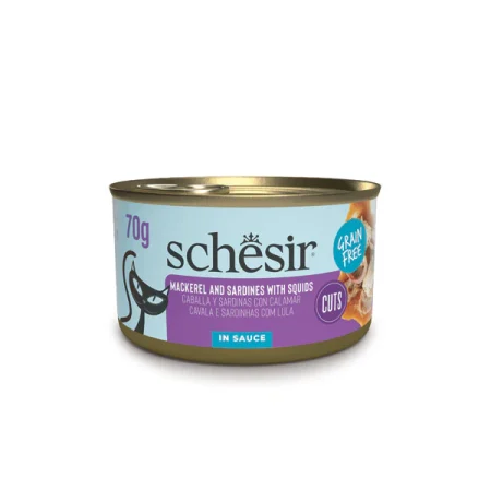 Schesir Mackerel & Sardine Fillets with Calamari in Sauce Wet Cat Food, 70g - شيسير ماكيريل و امب; — للقطط طعام رطب بنكهة السردين، 70 جم