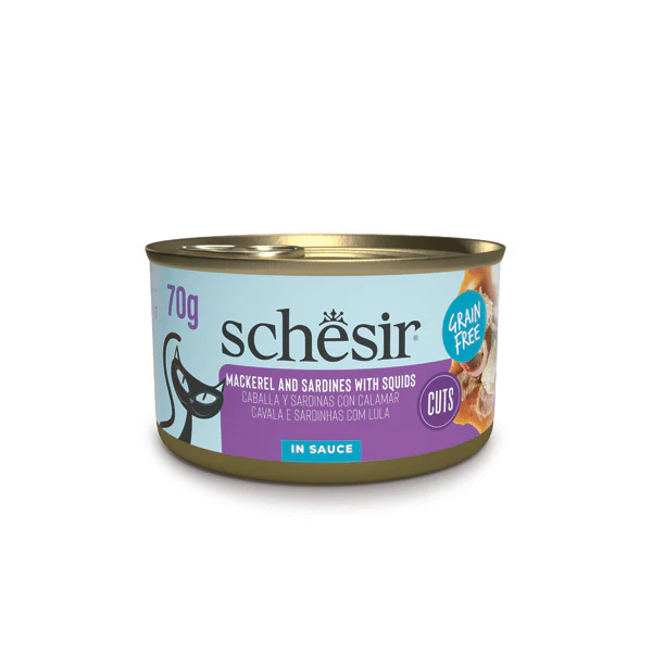 Schesir Mackerel & Sardine Fillets with Calamari in Sauce Wet Cat Food, 70g - شيسير ماكيريل و امب; — للقطط طعام رطب بنكهة السردين، 70 جم