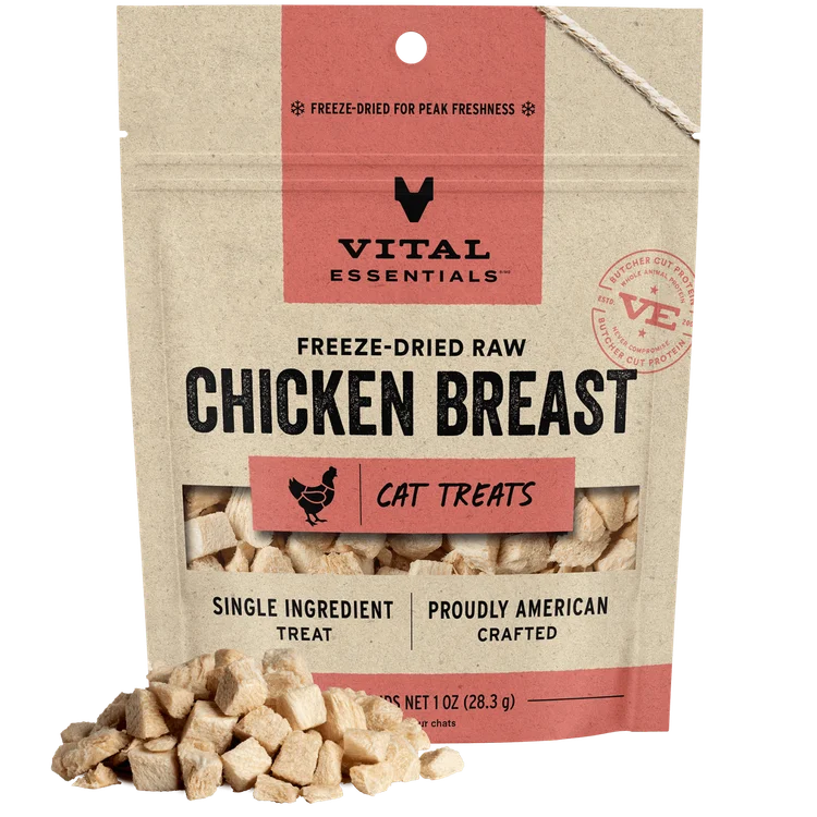 Vital Essentials Chicken Breast Freeze-Dried RAW Cat Treat - فيتال يسسينتيالس تشيكين — للقطط مكافآت بنكهة الدجاج