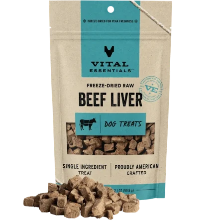 Vital Essentials Freeze-Dried Beef Liver Dog Treat 2.1 oz - فيتال يسسينتيالس فريزي — للكلاب مكافآت بنكهة اللحم البقري