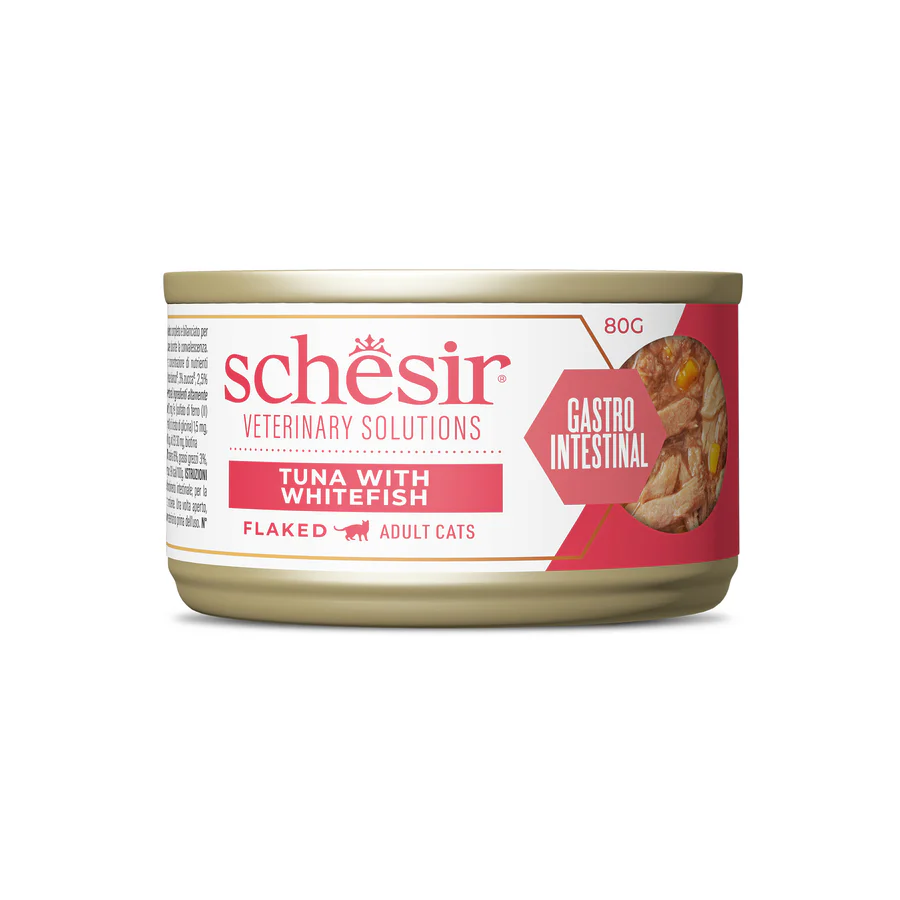 Schesir Veterinary Solution Gastro Intestinal Flaked Tuna with Whitefish, Wet Cat Food 8x80g - شيسير فيتيريناري سولوشن — للقطط طعام رطب بنكهة التونة، عدد 8 × 80 جم، 80 جم - Image 2