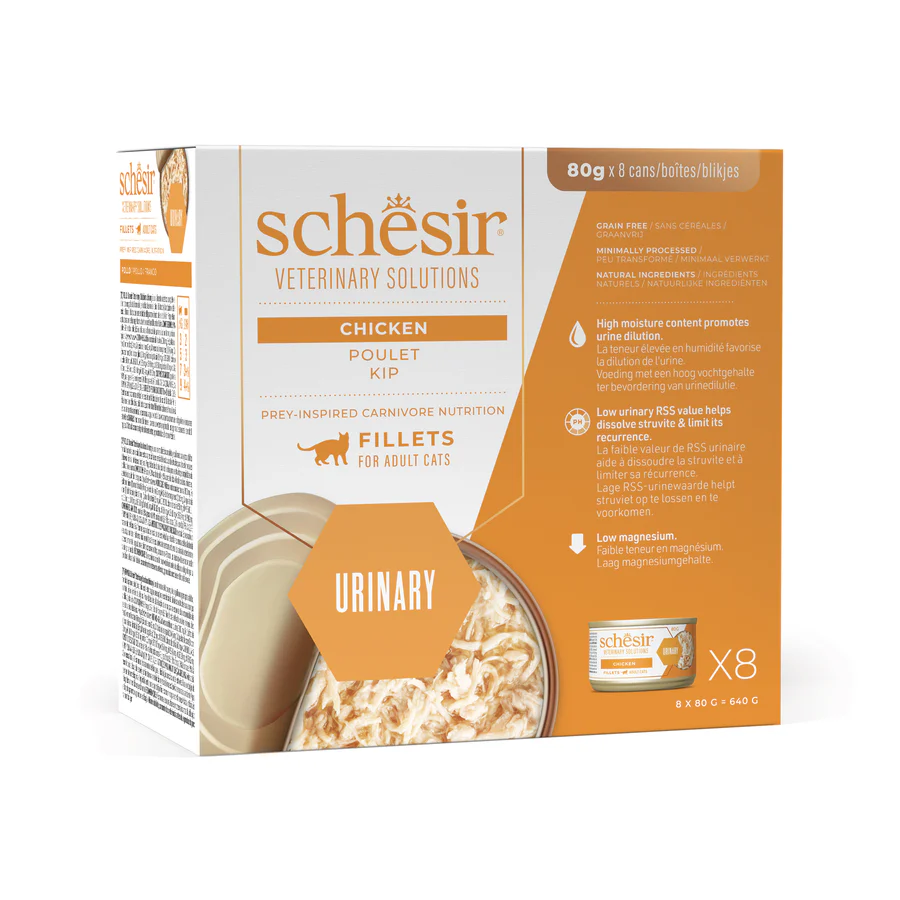 Schesir Veterinary Solution Urinary Fillets Chicken, Wet Cat Food 8x80g - شيسير فيتيريناري سولوشن — للقطط طعام رطب بنكهة الدجاج دعم المسالك البولية، عدد 8 × 80 جم، 80 جم