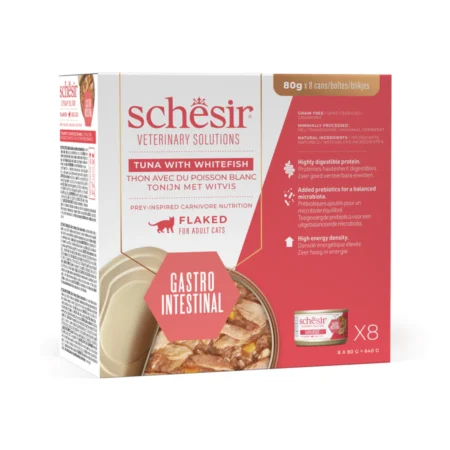Schesir Veterinary Solution Gastro Intestinal Flaked Tuna with Whitefish, Wet Cat Food 8x80g - شيسير فيتيريناري سولوشن — للقطط طعام رطب بنكهة التونة، عدد 8 × 80 جم، 80 جم