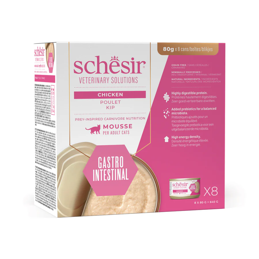 Schesir Veterinary Solution Gastro Intestinal Mousse Tuna with Chicken, Wet Cat Food 8x80g - شيسير فيتيريناري سولوشن — للقطط طعام رطب بنكهة الدجاج، عدد 8 × 80 جم، 80 جم