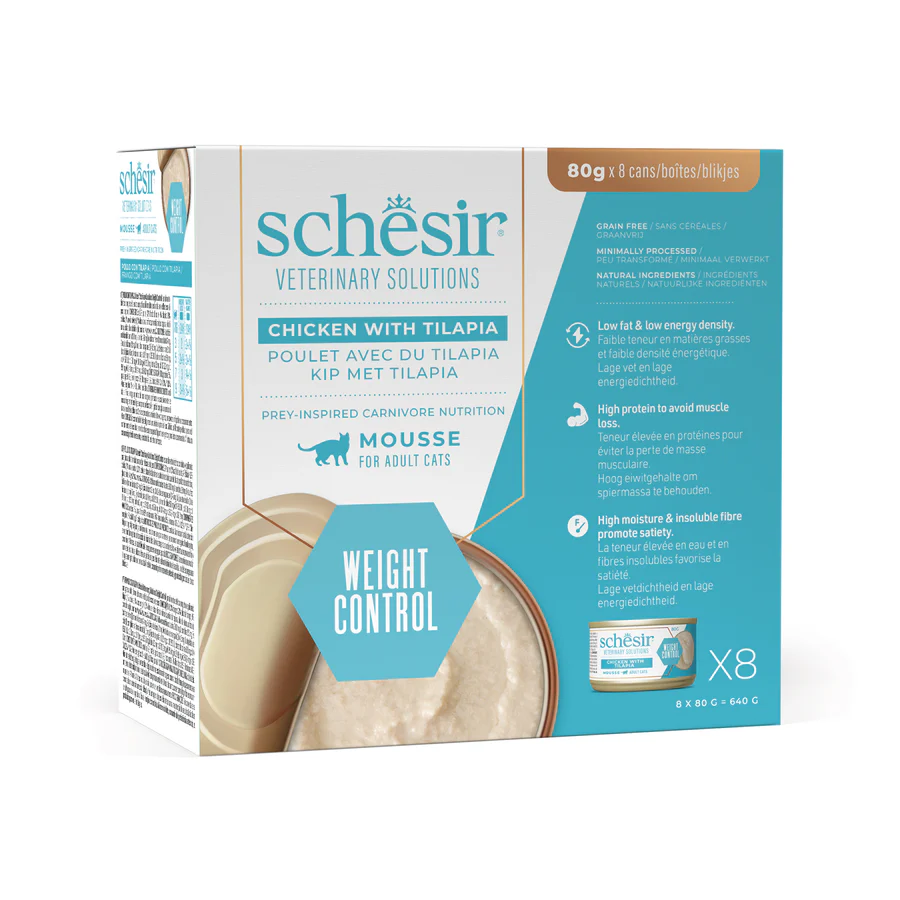 Schesir Veterinary Solution Weight Control Mousse Chicken with Tilapia, Wet Cat Food 8x80g - شيسير فيتيريناري سولوشن — للقطط طعام رطب بنكهة الدجاج، عدد 8 × 80 جم، 80 جم