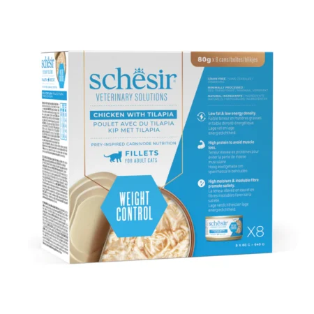 Schesir Veterinary Solution Weight Control Fillets Chicken with Tilapia, Wet Act Food 8x80g - شيسير فيتيريناري سولوشن — طعام رطب بنكهة الدجاج، عدد 8 × 80 جم، 80 جم