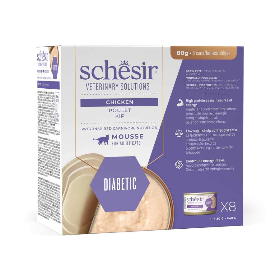 Schesir Veterinary Solution Diabetic Mousse Chicken, Wet Cat Food 8x80g - شيسير فيتيريناري سولوشن — للقطط طعام رطب بنكهة الدجاج، عدد 8 × 80 جم، 80 جم